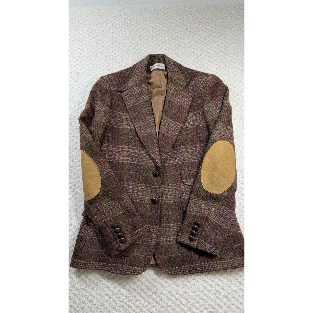 Evan Picone Vtg Wool Blazer Plaid Women Elbow Patch Academia Preppy 80s USA Xs/S